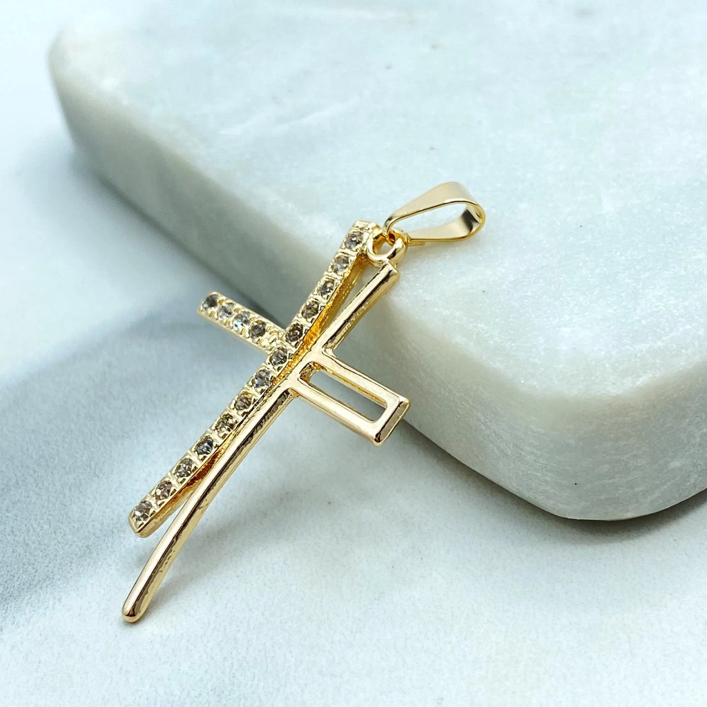 18k Gold Filled Modern Cross Pendant with CZ, Christian Jewelry, Curved Elegant Cross Charm, CZ Cross Pendant