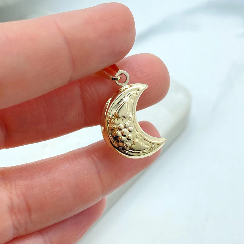 18k Gold Filled Crescent Moon Pendant, Textured Moon Charm with Stars, Spiritual Jewelry, Lightweight Moon Pendant