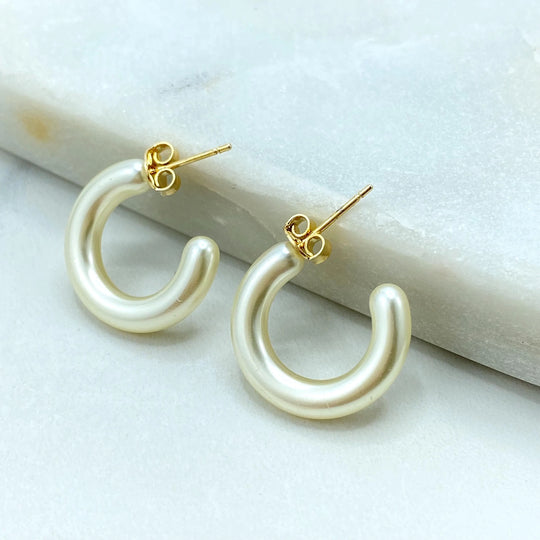 18k Gold Filled Simulated Pearl C-Hoop Earrings, Balloon-Style Rounded Hoops, Lightweight Modern Pearl Look