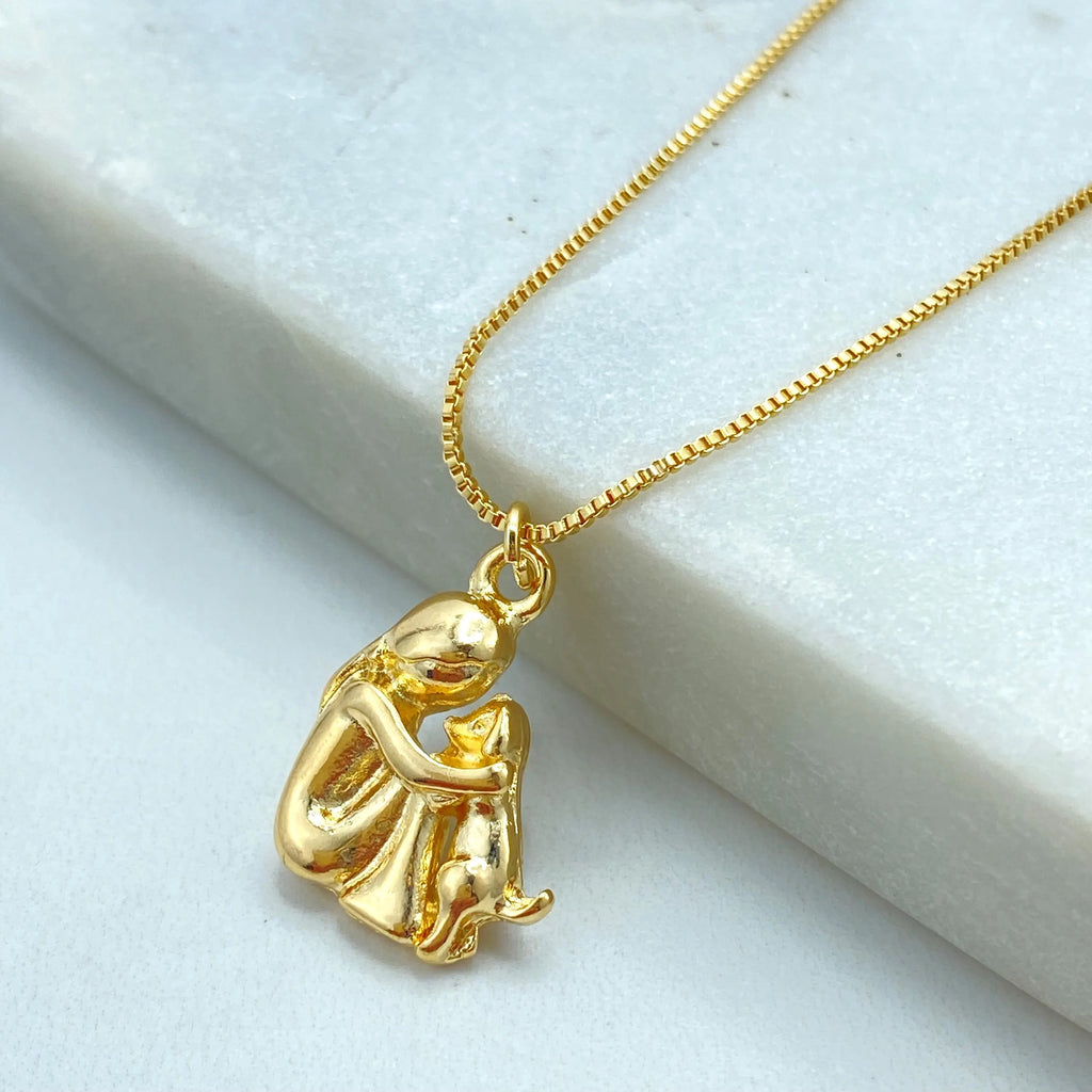 18k Gold Filled Girl & Puppy Pendant Necklace, with Extender, Girl hugging Puppy Necklace, Dog Lovers Necklace