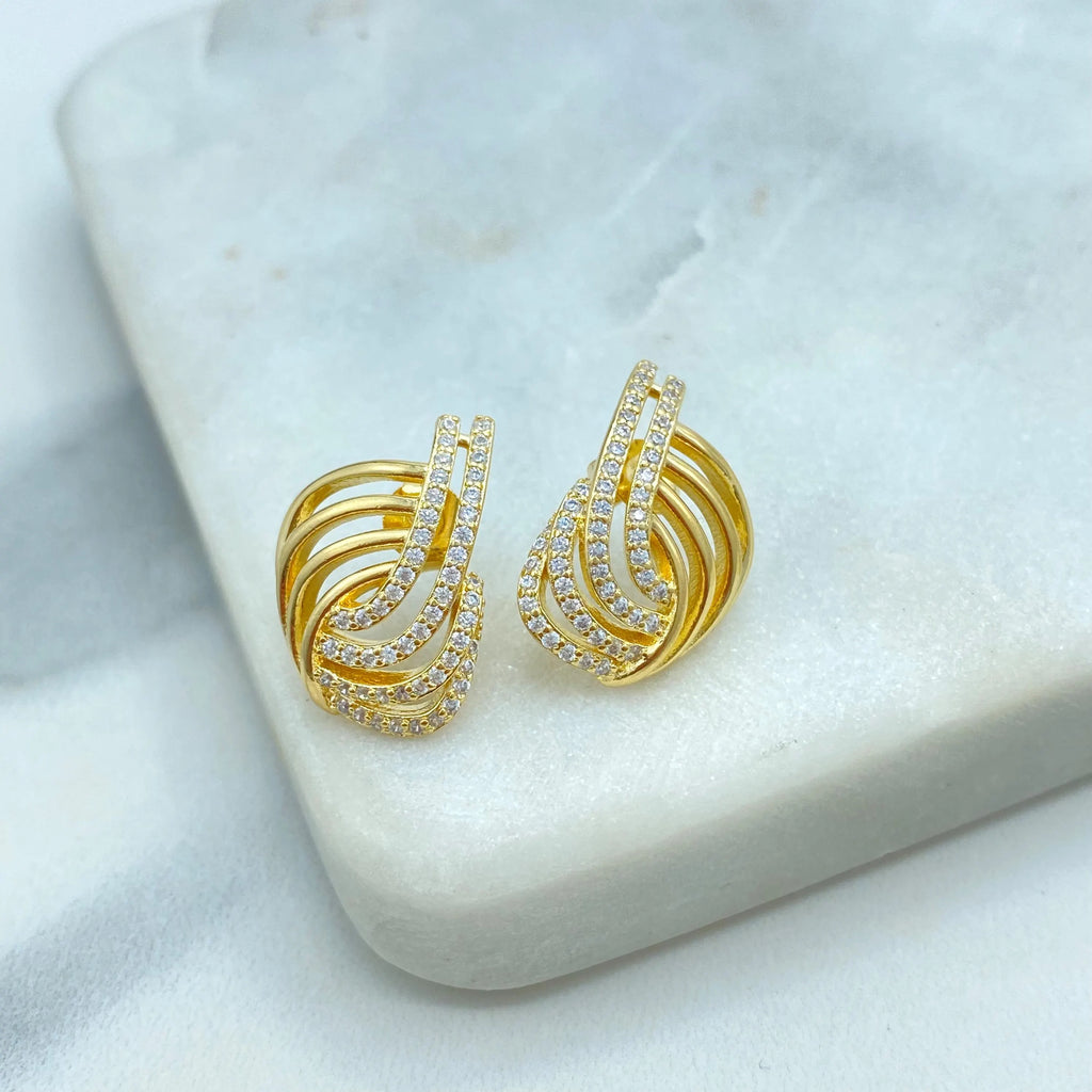 18k Gold Filled Crisscross Micro CZ Stud Earrings, Elegant Layered Leaf Design, Sparkling Statement