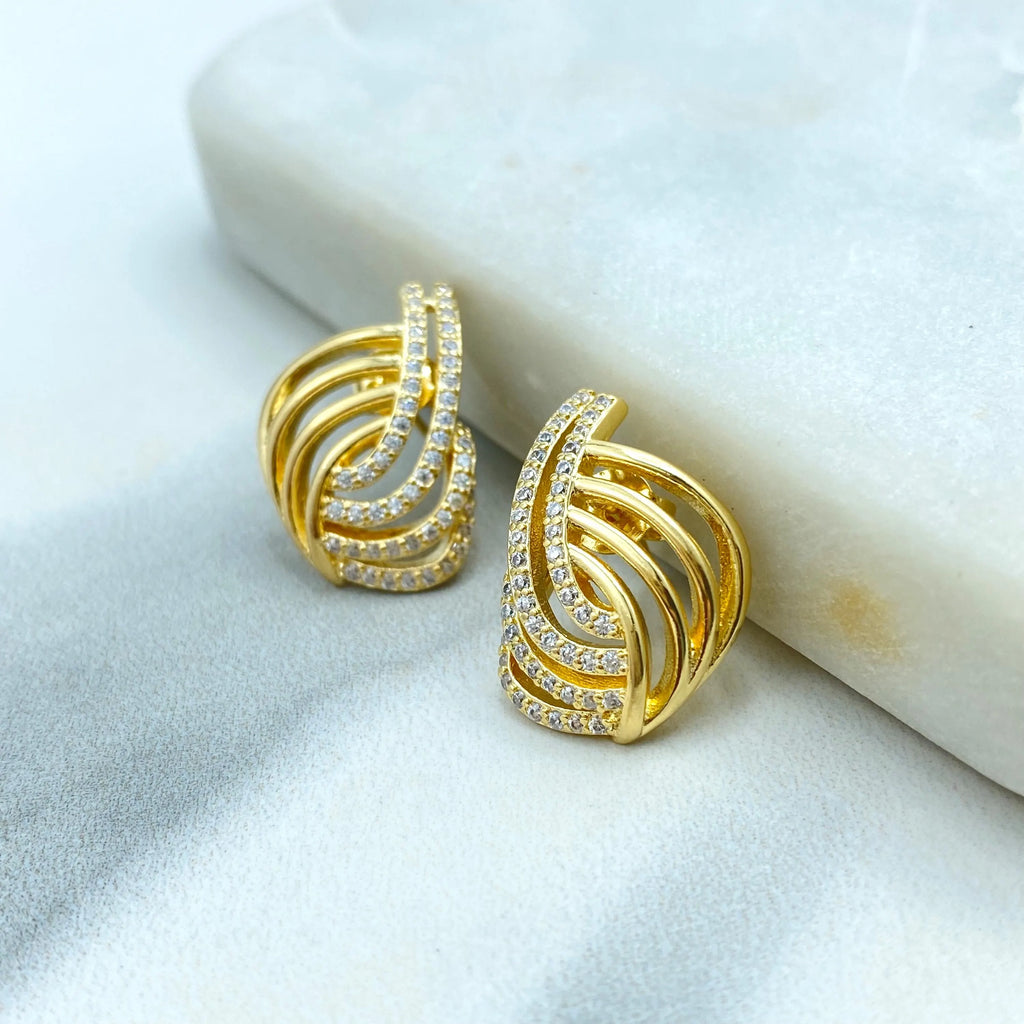 18k Gold Filled Crisscross Micro CZ Stud Earrings, Elegant Layered Leaf Design, Sparkling Statement