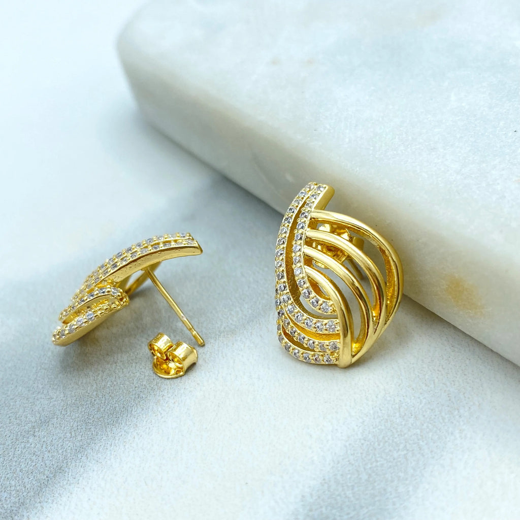 18k Gold Filled Crisscross Micro CZ Stud Earrings, Elegant Layered Leaf Design, Sparkling Statement