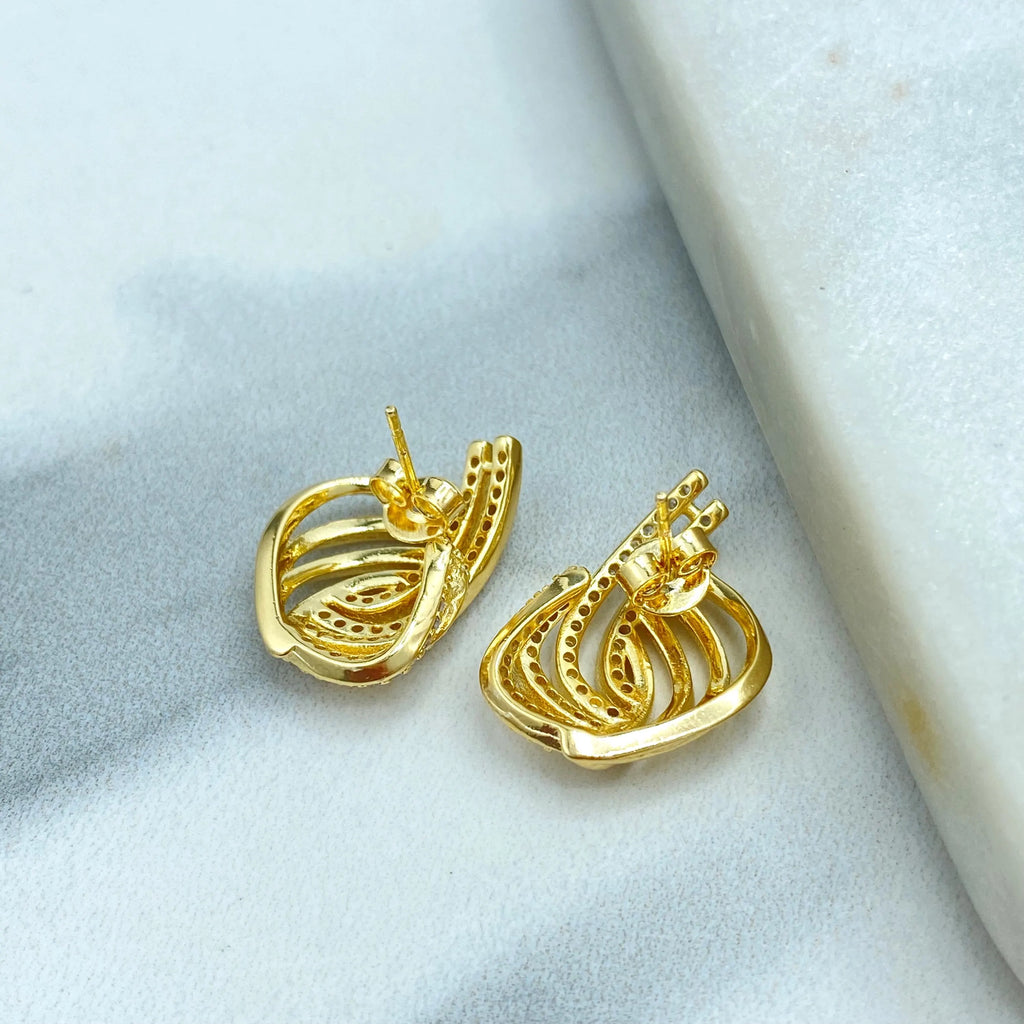 18k Gold Filled Crisscross Micro CZ Stud Earrings, Elegant Layered Leaf Design, Sparkling Statement