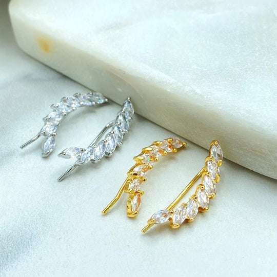 18k Gold Filled or Silver Filled Ear Climber Earrings, CZ Leaf Vine Design, Minimalist Sparkle