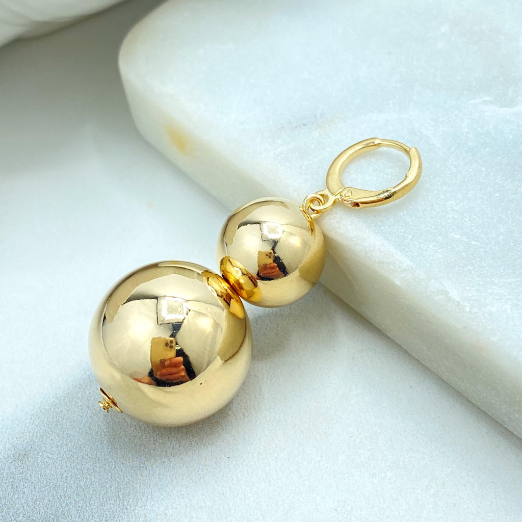 18k Gold Filled Double Ball Drop Earrings, Lightweight Bold Statement Jewelry, Polished Gold Dangles