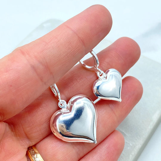 Silver Filled Puffed Heart Drop Earrings, Medium or Large Lightweight Hoops, Romantic Statement Jewelry