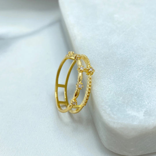 18k Gold Filled Double Band Ring, Layered CZ Flower Ring, Dainty Stacking Design, Minimalist Jewelry, Gift for Her