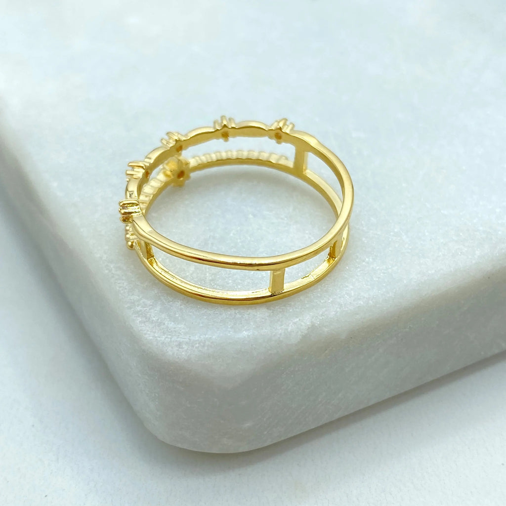 18k Gold Filled Double Band Ring, Layered CZ Flower Ring, Dainty Stacking Design, Minimalist Jewelry, Gift for Her