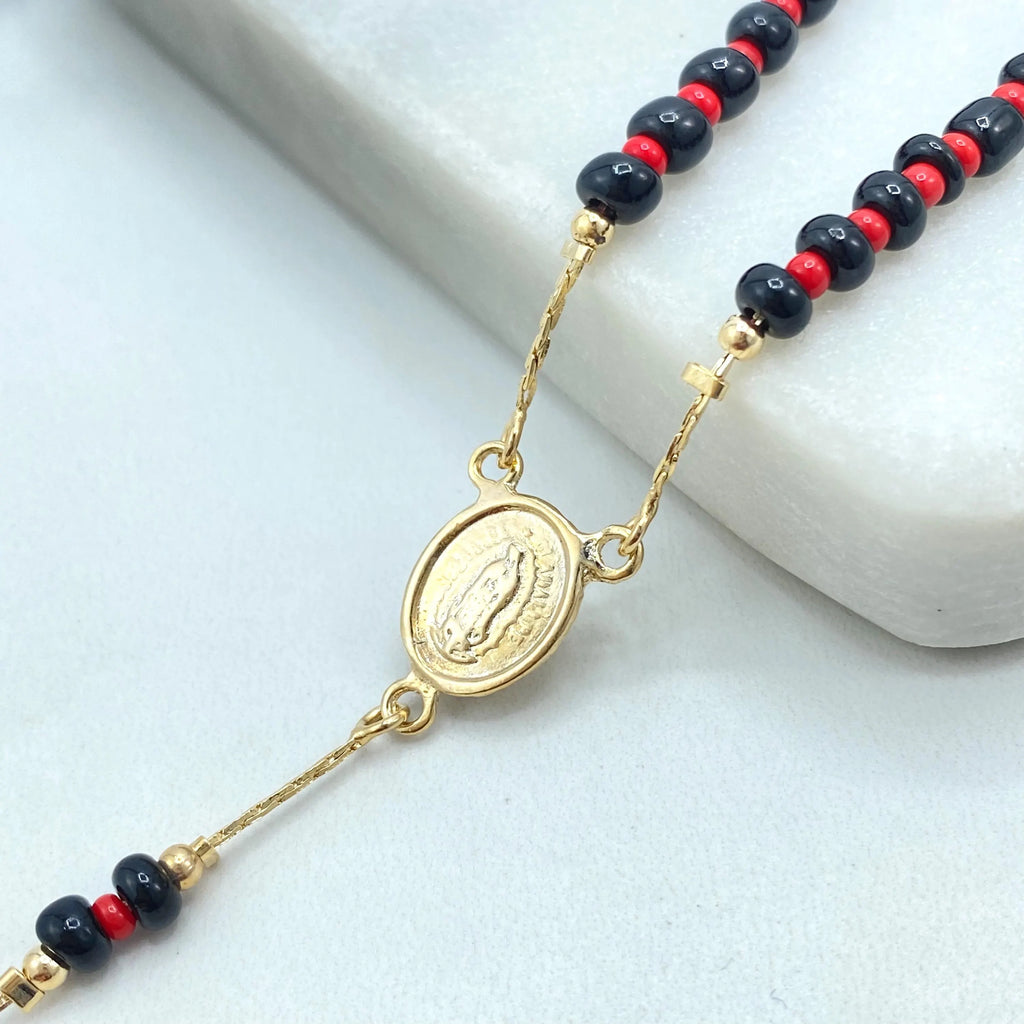 18k Gold Filled Rosary Necklace with Guadalupe Medal, Evil Eye & Azabache Beads, Catholic Link Rosary, Protection Gift