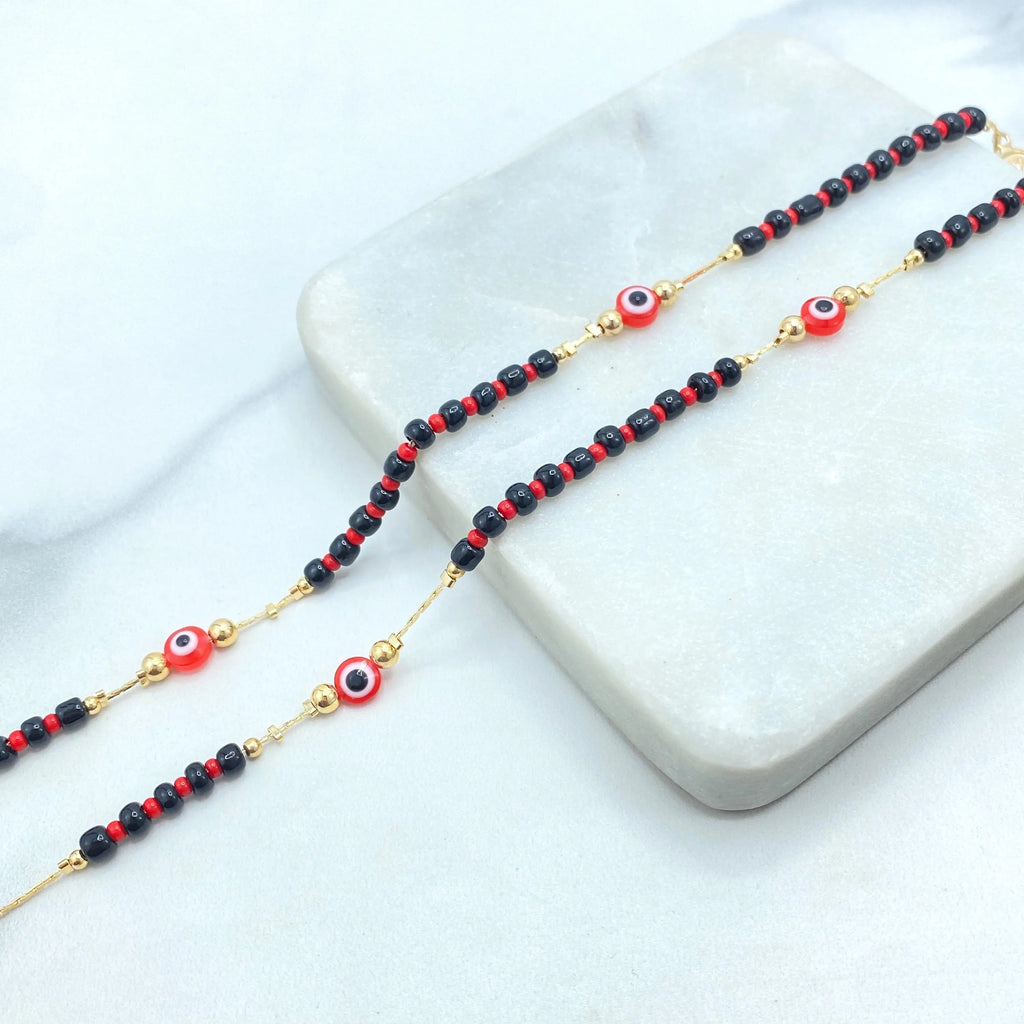 18k Gold Filled Rosary Necklace with Guadalupe Medal, Evil Eye & Azabache Beads, Catholic Link Rosary, Protection Gift