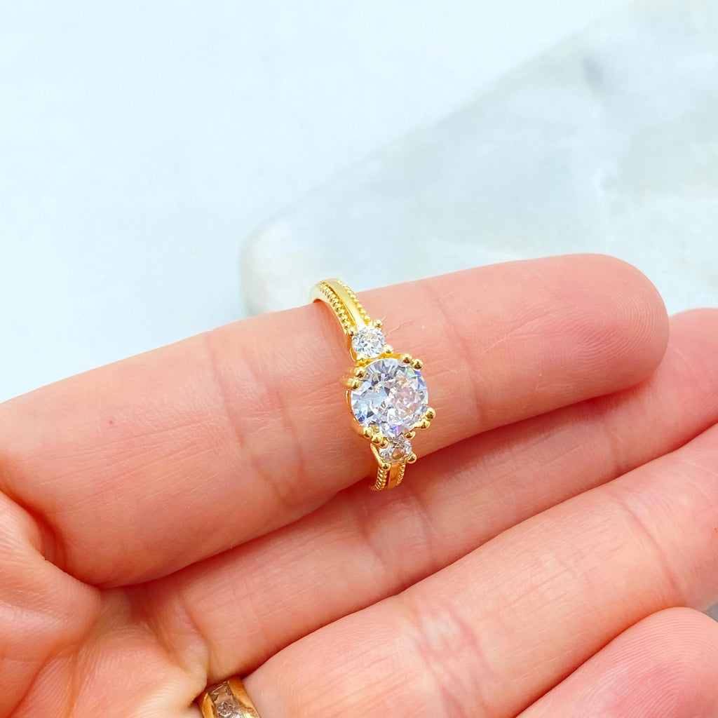 18k Gold Filled Solitaire Ring, Three Stone CZ Engagement Style, Classic Sparkling Band, Dainty Bridal Jewelry