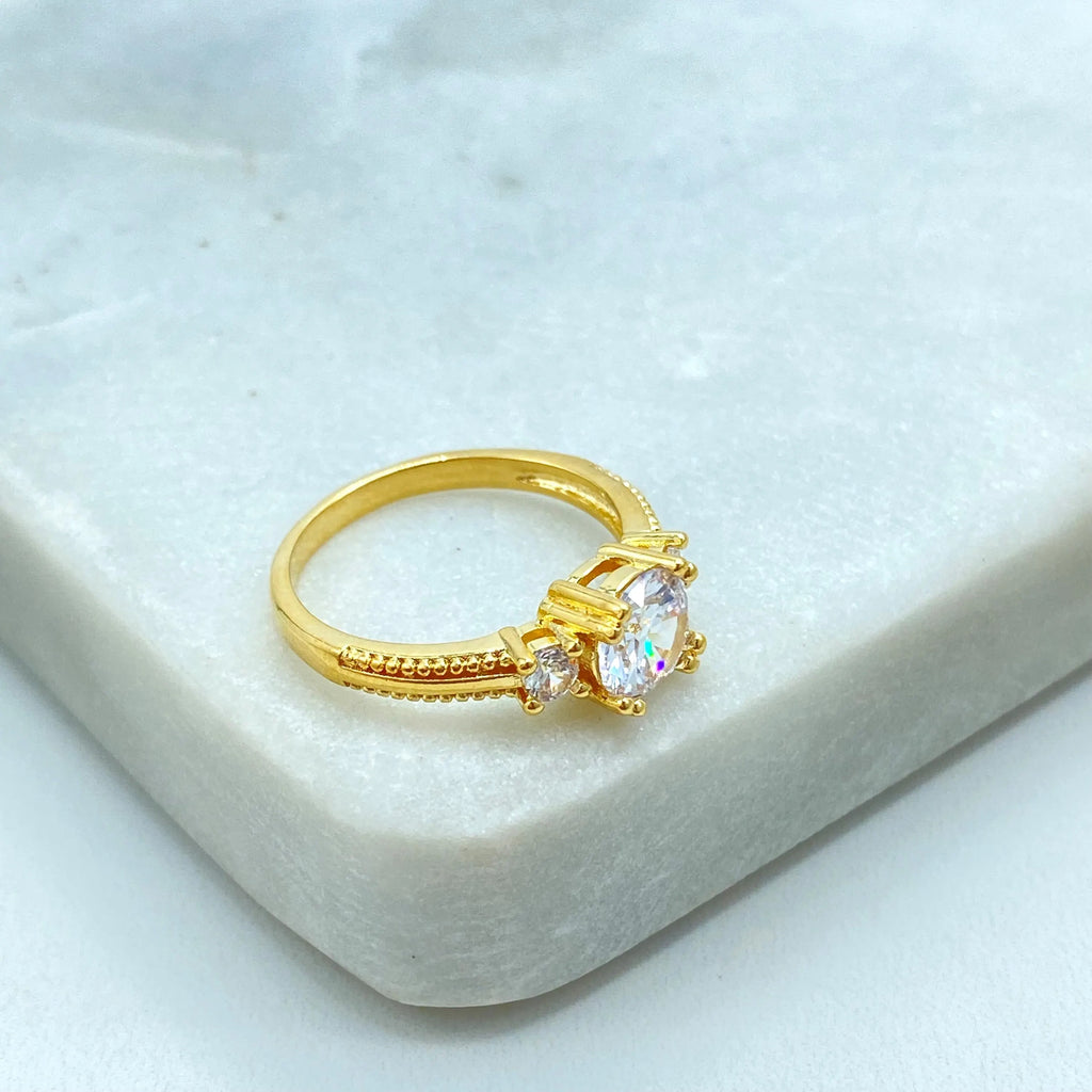 18k Gold Filled Solitaire Ring, Three Stone CZ Engagement Style, Classic Sparkling Band, Dainty Bridal Jewelry