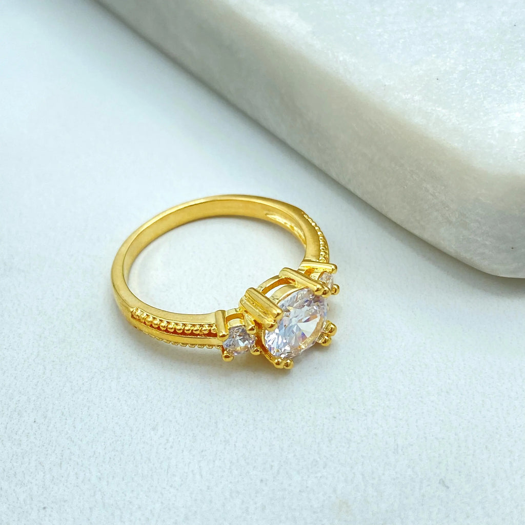 18k Gold Filled Solitaire Ring, Three Stone CZ Engagement Style, Classic Sparkling Band, Dainty Bridal Jewelry