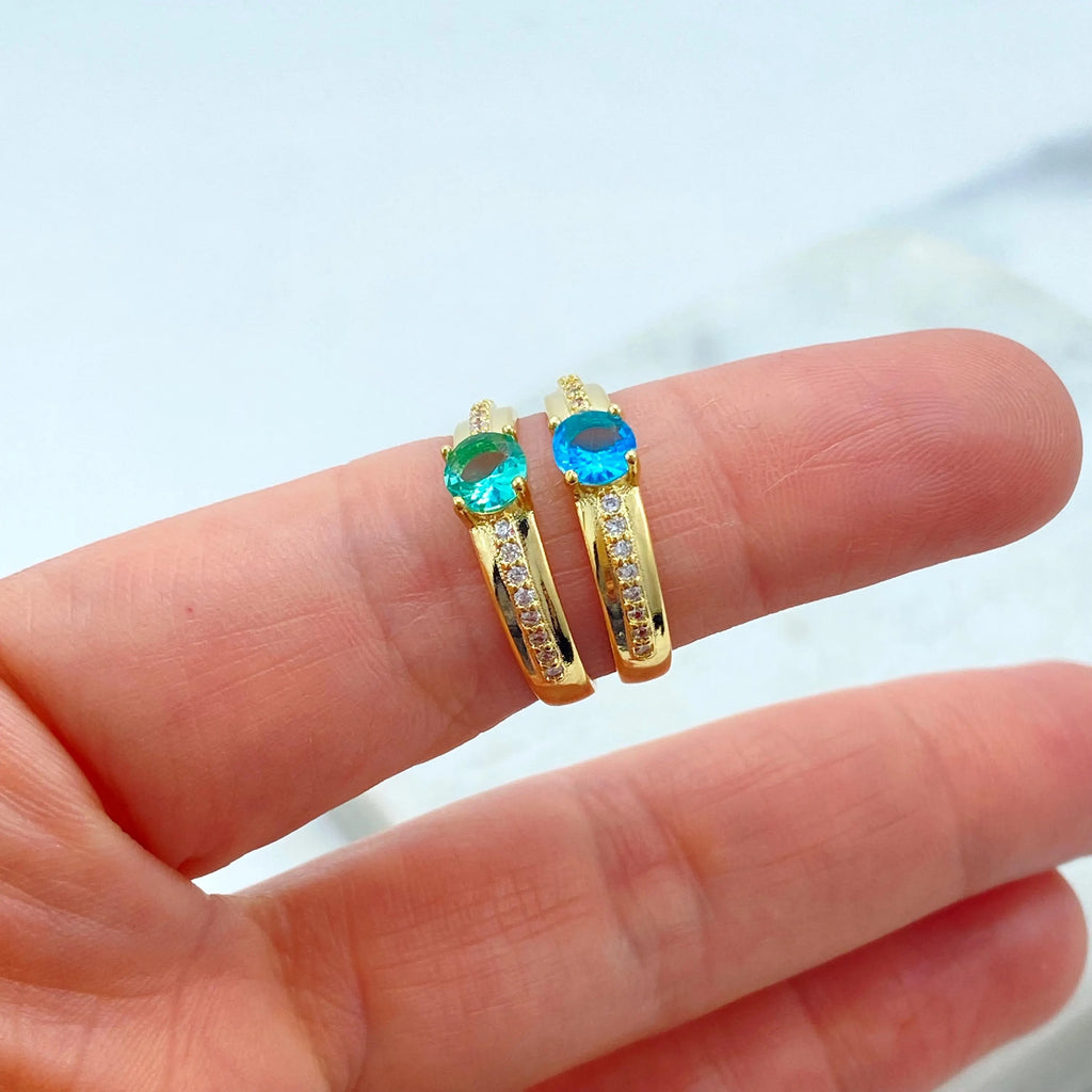 18k Gold Filled Ring with Blue or Green Stone, Micro CZ Band, Elegant Solitaire Design, Dainty Jewelry, Gift for Her