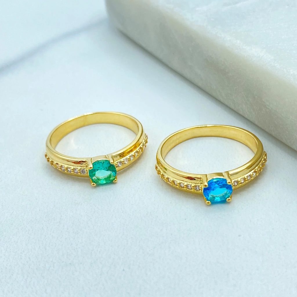 18k Gold Filled Ring with Blue or Green Stone, Micro CZ Band, Elegant Solitaire Design, Dainty Jewelry, Gift for Her