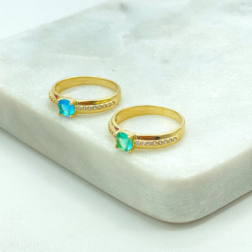 18k Gold Filled Ring with Blue or Green Stone, Micro CZ Band, Elegant Solitaire Design, Dainty Jewelry, Gift for Her