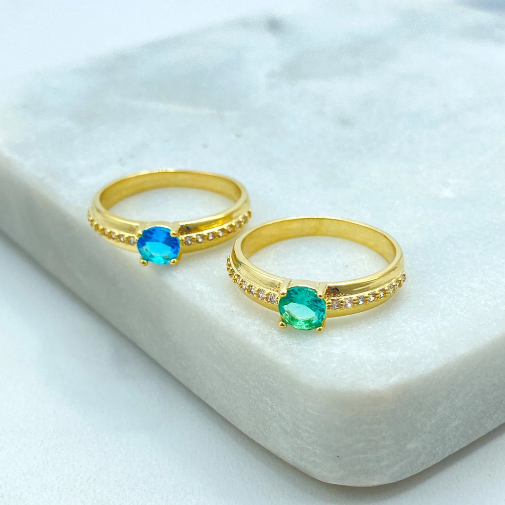 18k Gold Filled Ring with Blue or Green Stone, Micro CZ Band, Elegant Solitaire Design, Dainty Jewelry, Gift for Her