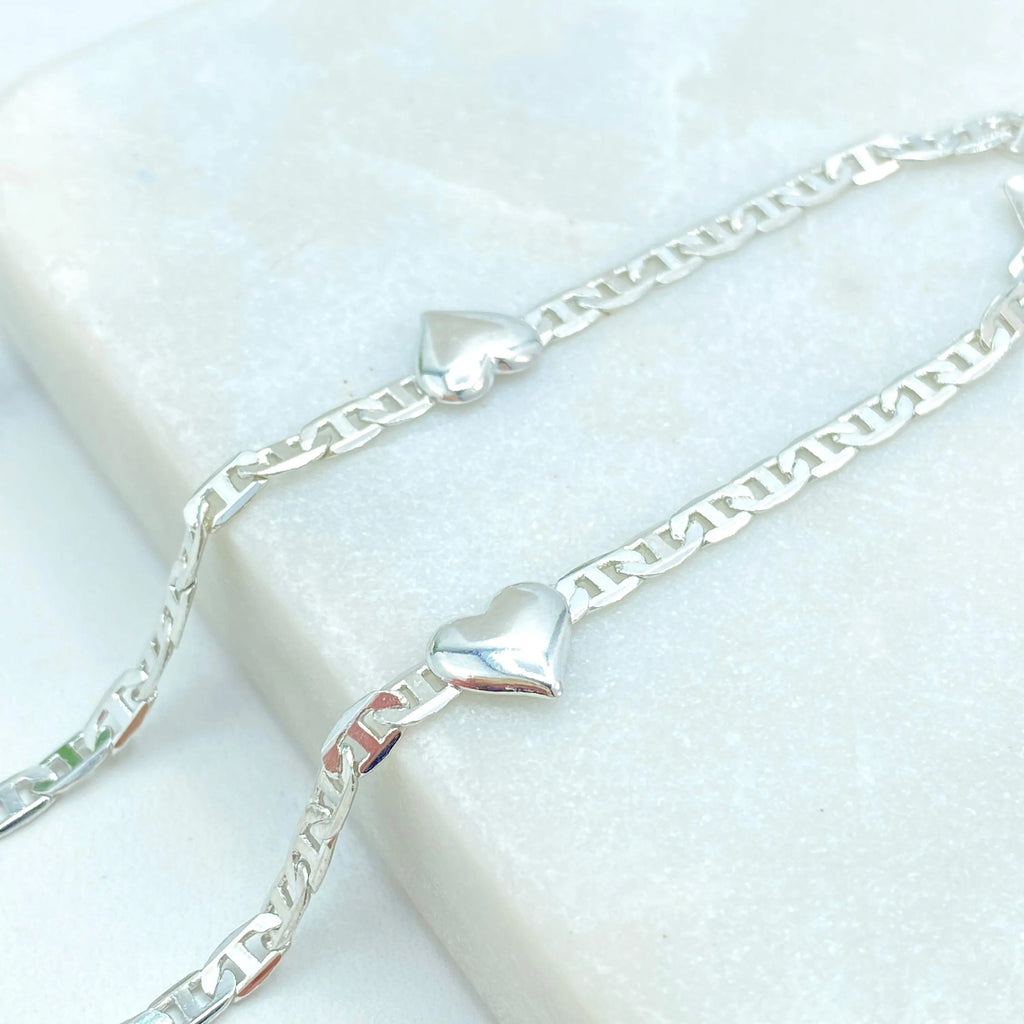 Silver Filled Anklet with Hearts, Mariner Link Chain Design with Hearts, Dainty Mariner Link Anklet, Gift for Her