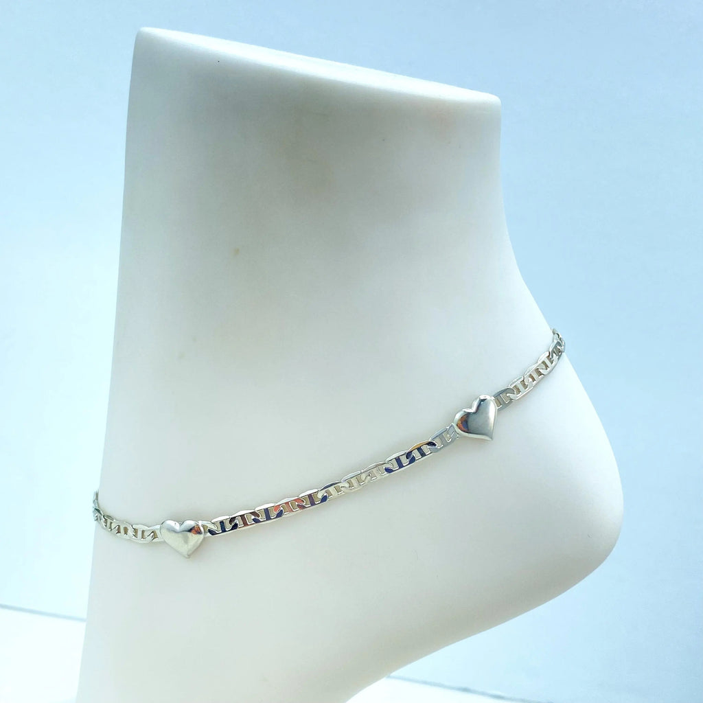 Silver Filled Anklet with Hearts, Mariner Link Chain Design with Hearts, Dainty Mariner Link Anklet, Gift for Her