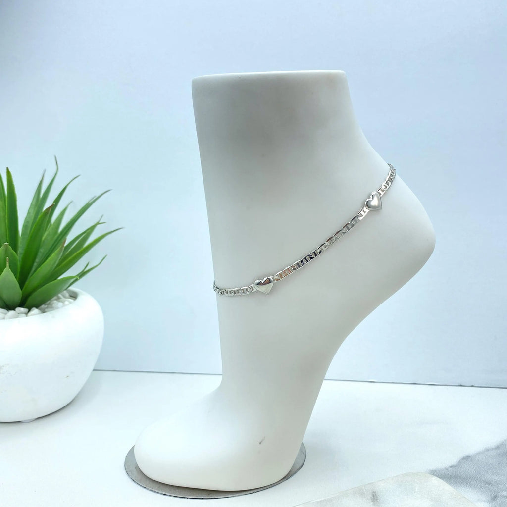 Silver Filled Anklet with Hearts, Mariner Link Chain Design with Hearts, Dainty Mariner Link Anklet, Gift for Her