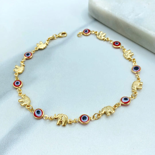 18k Gold Filled Linked Anklet, with Puffed Elephants and Red Evil Eye Charm, Luck and Protection Anklet, Summer Anklet