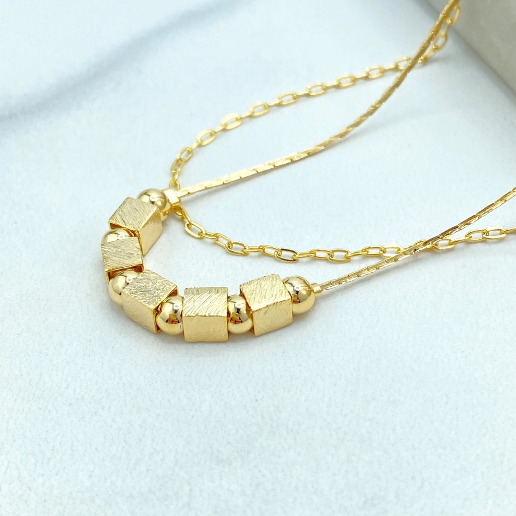 18k Gold Filled Double Layer Anklet, Geometric and Round Beads, Adjustable Anklet with Extender, Dainty Layered Anklet
