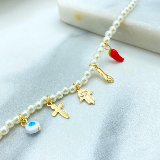 18k Gold Filled Linked Simulated Pearl Necklace + Bracelet Set, with Lucky & Protection Charms, Evil Eye, Cross, Hamsa, Hand, Chili Pendant