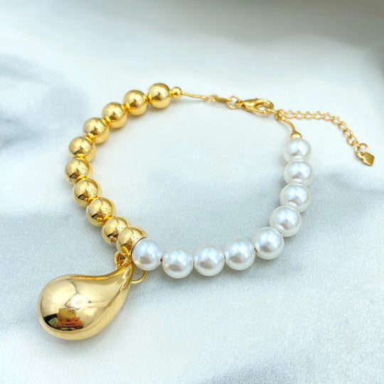 18k Gold Filled & Simulated Pearl Beaded Bracelet with Teardrop Charm, 7.5” + 1.5” Extender, Statement Two-Tone Jewelry