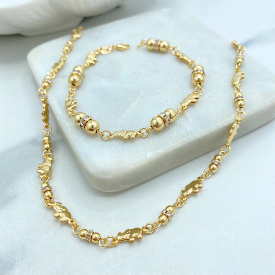 18k Gold Filled Elephant Jewelry Set, Puff Elephant CZ Beads Set, Good Luck Jewelry, Buy as a set or individually