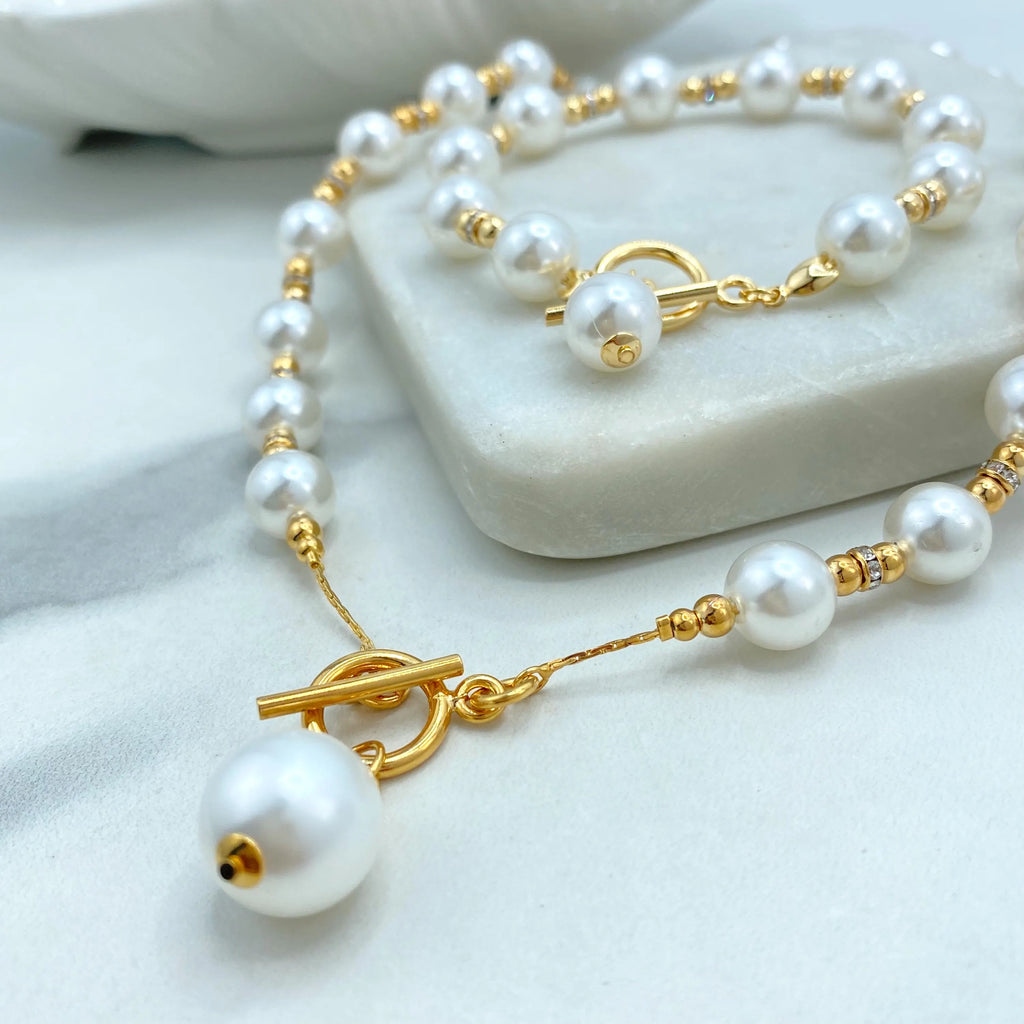 18k Gold Filled Simulated Pearl Necklace and Bracelet Set, Toggle Clasp with Drop Pearl, Classic Bridal Jewelry