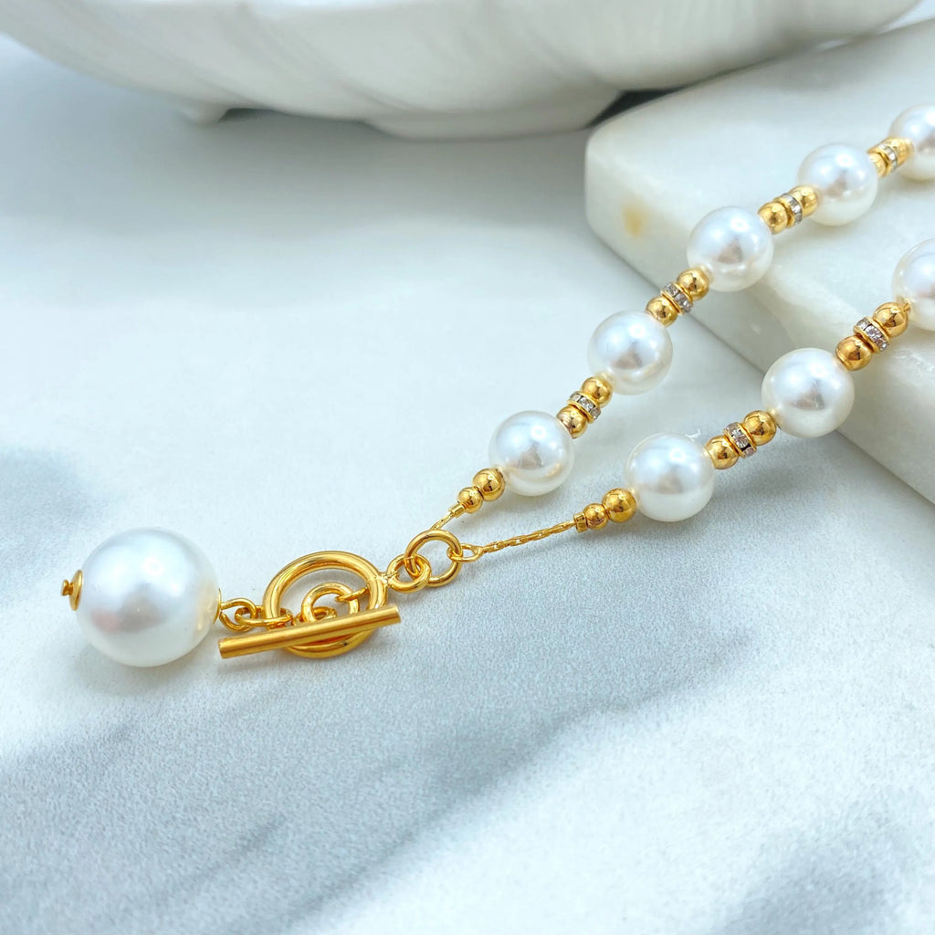 18k Gold Filled Simulated Pearl Necklace and Bracelet Set, Toggle Clasp with Drop Pearl, Classic Bridal Jewelry