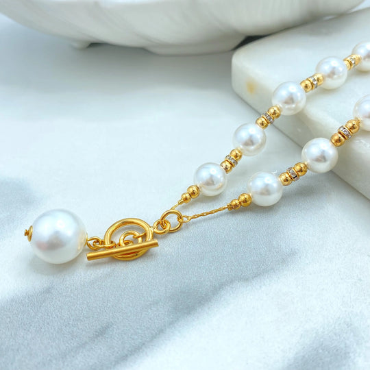 18k Gold Filled Simulated Pearl Necklace and Bracelet Set, Toggle Clasp with Drop Pearl, Classic Bridal Jewelry