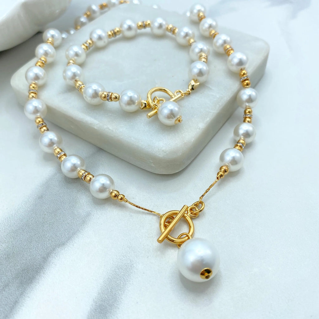 18k Gold Filled Simulated Pearl Necklace and Bracelet Set, Toggle Clasp with Drop Pearl, Classic Bridal Jewelry