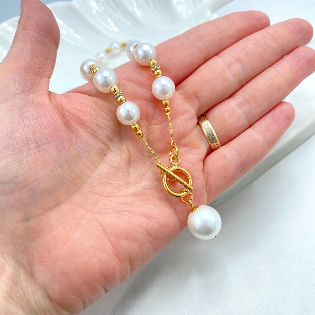 18k Gold Filled Simulated Pearl Necklace and Bracelet Set, Toggle Clasp with Drop Pearl, Classic Bridal Jewelry