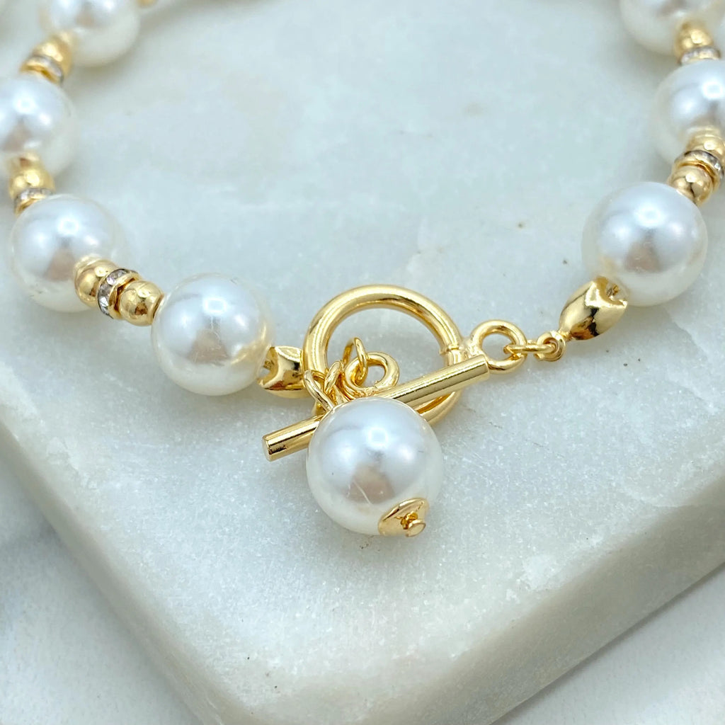 18k Gold Filled Simulated Pearl Necklace and Bracelet Set, Toggle Clasp with Drop Pearl, Classic Bridal Jewelry