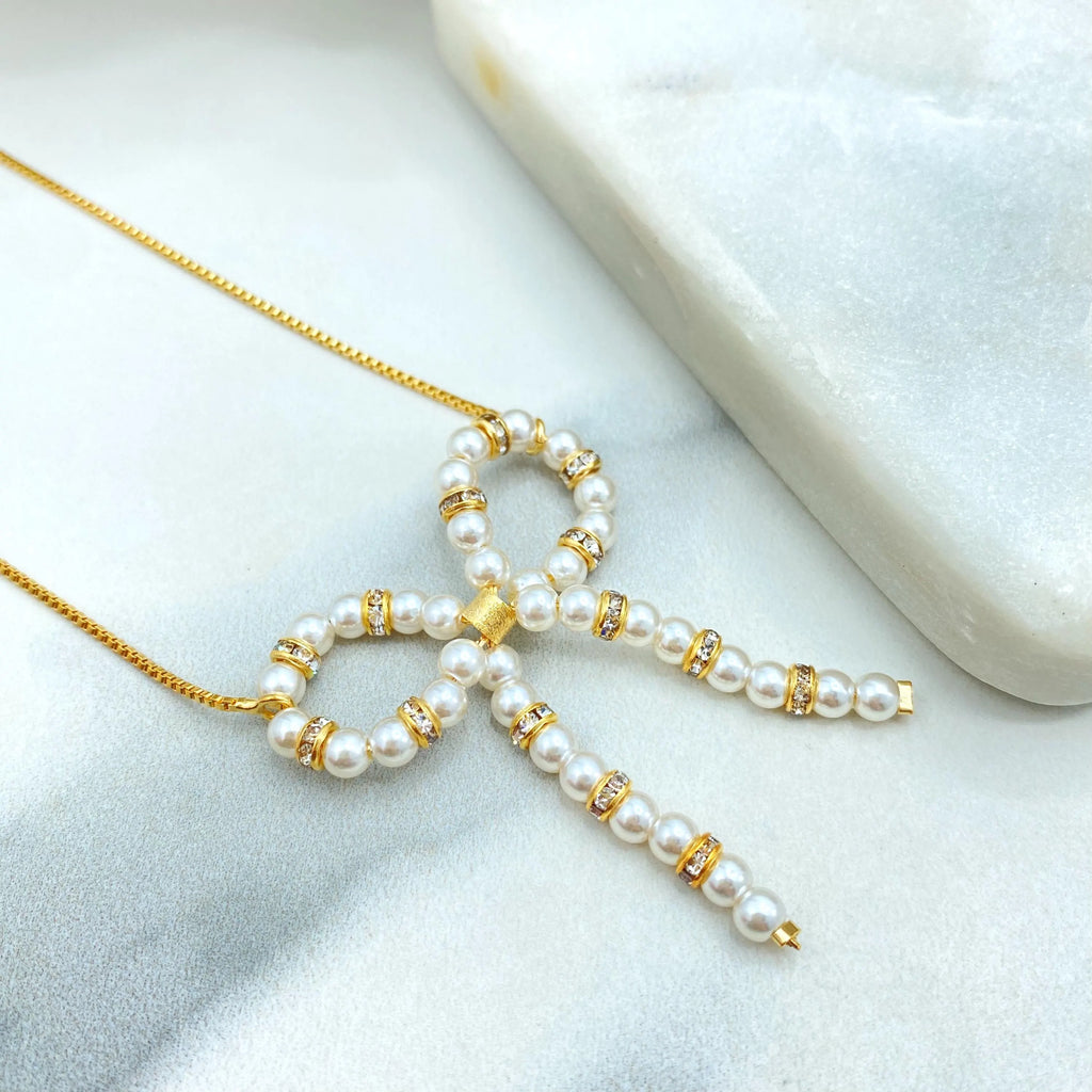 18k Gold Filled Pearl Bow Necklace with CZ Accents, Elegant Ribbon Pendant with Extender, Dainty and Feminine Jewelry