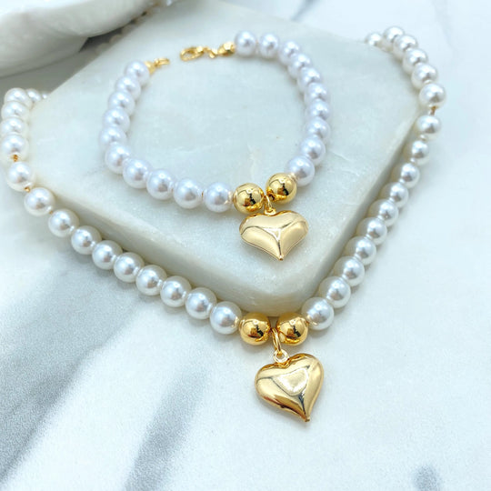 18k Gold Filled Pearl Bead Necklace and Bracelet Set, Puffy Heart Charm, Sold Separately or as Set, Simulated Pearl Set
