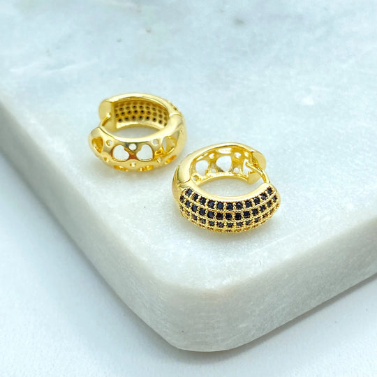 18k Gold Filled Huggie Earrings with Black Pave CZ, CZ Small Hoop Earrings, Modern Lightweight Gift