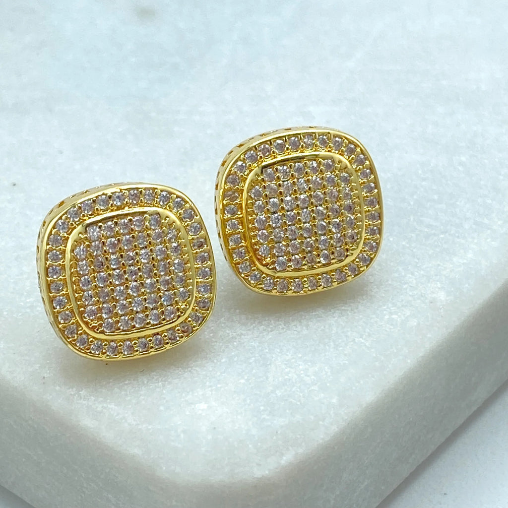 18k Gold Filled Square Pave Stud Earrings, Cushion Shape CZ Micro-Pave, Elegant Post Earrings, Lightweight Sparkle