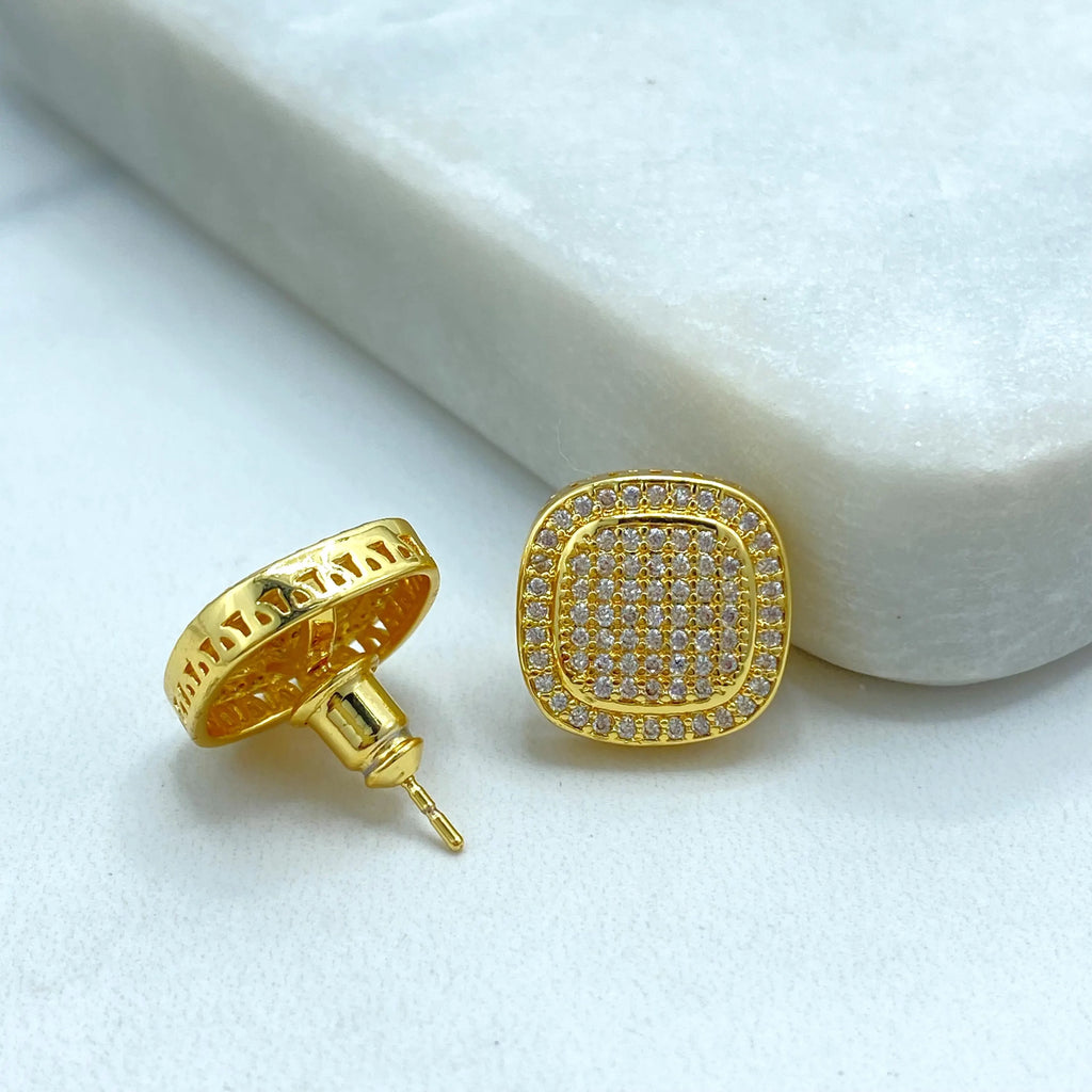 18k Gold Filled Square Pave Stud Earrings, Cushion Shape CZ Micro-Pave, Elegant Post Earrings, Lightweight Sparkle