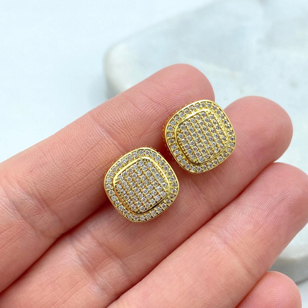 18k Gold Filled Square Pave Stud Earrings, Cushion Shape CZ Micro-Pave, Elegant Post Earrings, Lightweight Sparkle