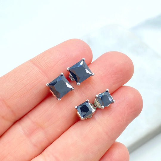 Silver Filled Black Stud Earrings, Square Princess Cut, Two Sizes Small & Medium, Unisex Minimalist Earrings, Lightweight