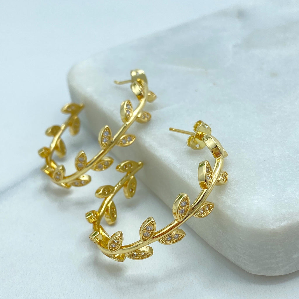 18k Gold Filled Leaf Hoop Earrings, Dainty CZ Vine Earrings, Botanical Jewelry, Bridal Hoops, Leaf CZ C-Hoop