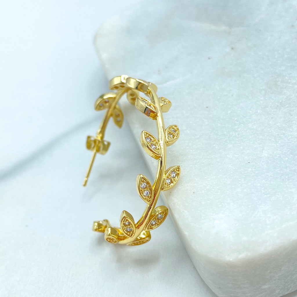 18k Gold Filled Leaf Hoop Earrings, Dainty CZ Vine Earrings, Botanical Jewelry, Bridal Hoops, Leaf CZ C-Hoop