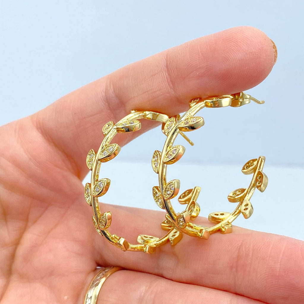 18k Gold Filled Leaf Hoop Earrings, Dainty CZ Vine Earrings, Botanical Jewelry, Bridal Hoops, Leaf CZ C-Hoop