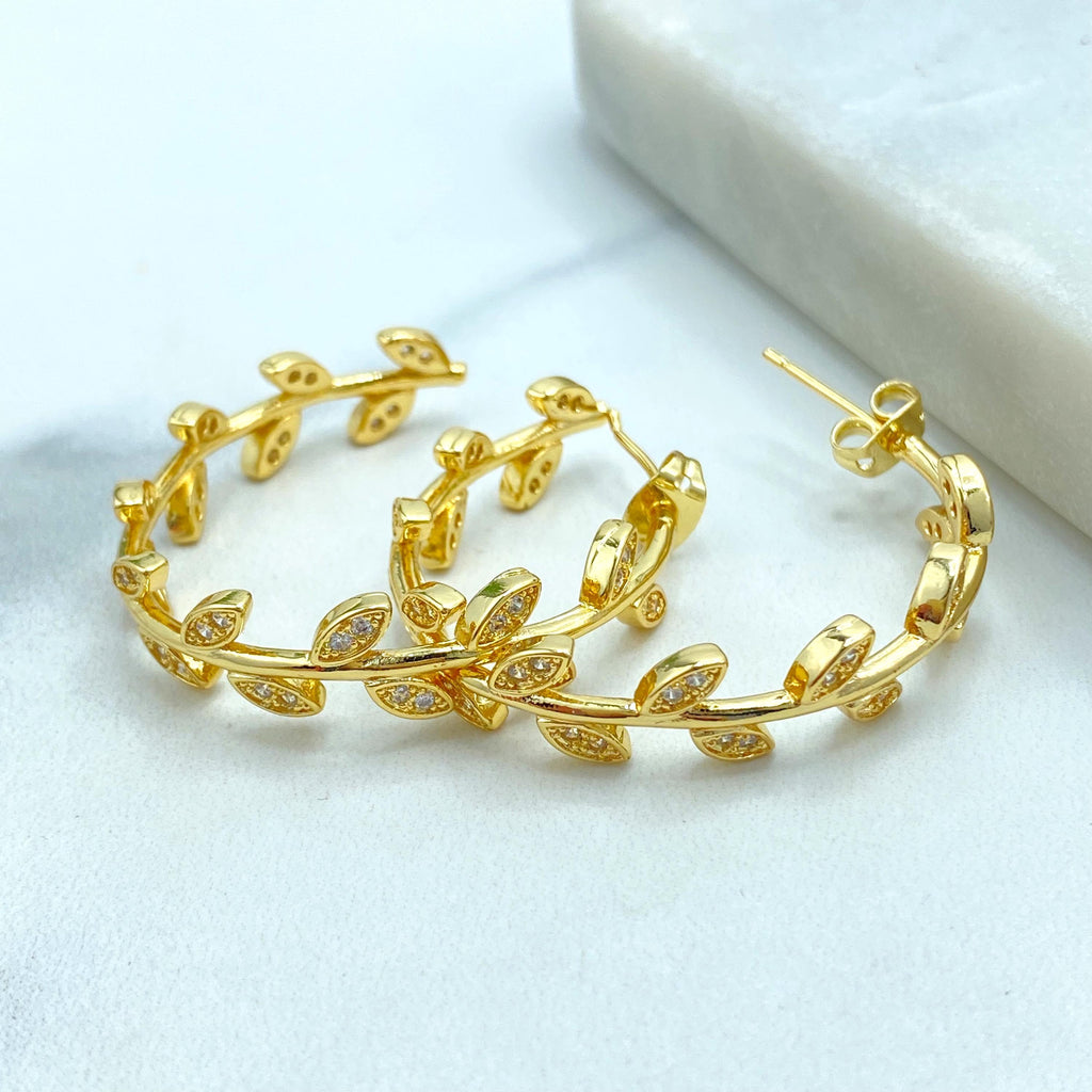 18k Gold Filled Leaf Hoop Earrings, Dainty CZ Vine Earrings, Botanical Jewelry, Bridal Hoops, Leaf CZ C-Hoop