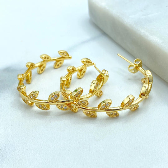 18k Gold Filled Leaf Hoop Earrings, Dainty CZ Vine Earrings, Botanical Jewelry, Bridal Hoops, Leaf CZ C-Hoop