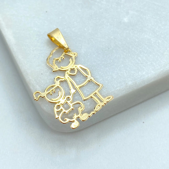 18k Gold Filled Mom and Child Pendant, Mother with Boy or Girl Charms, Outline Family Jewelry, Lightweight Gift