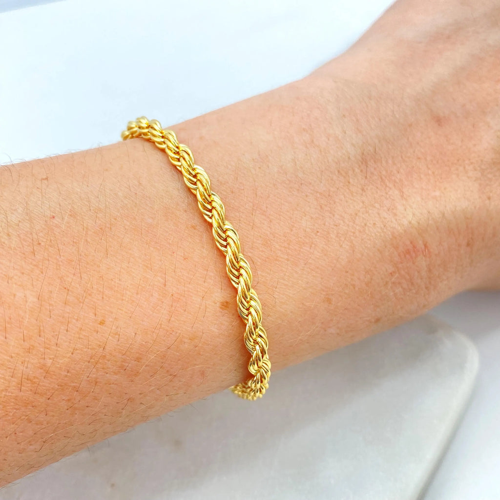 18k Gold Filled 4mm Rope Chain Bracelet, 7.5 Inch Dainty Rope Bracelet, Elegant Lobster Clasp, Gift for Her